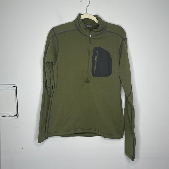 REI Shirt Pullover Men Medium Olive Green Quarter Zip Chest Pocket Hiking Fleece - Picture 1 of 9